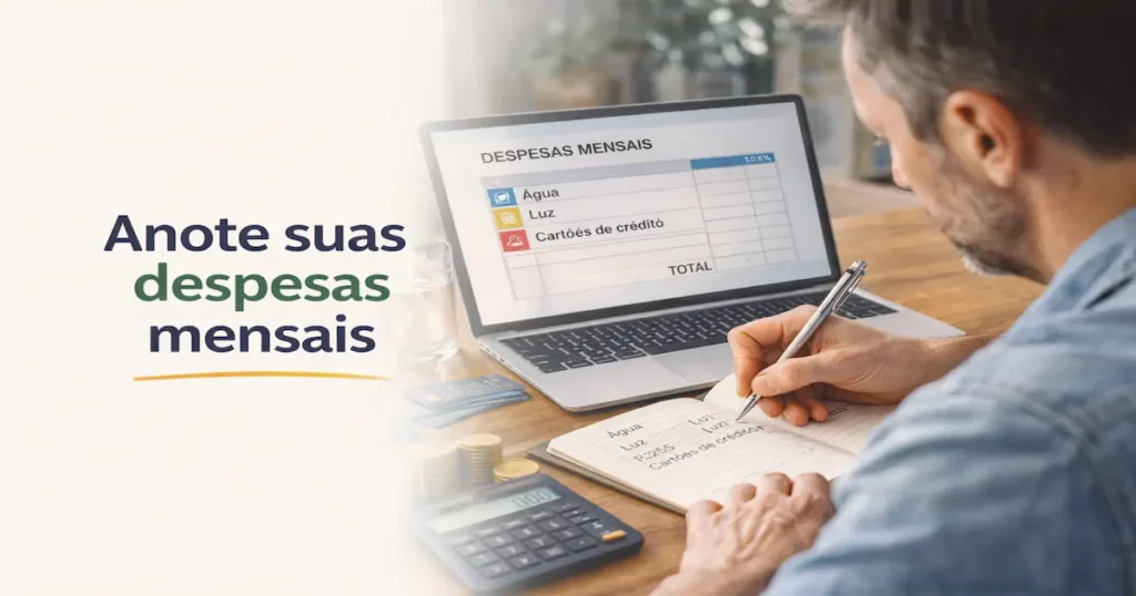 Pessoa anotando despesas mensais em um caderno para organizar a vida financeira