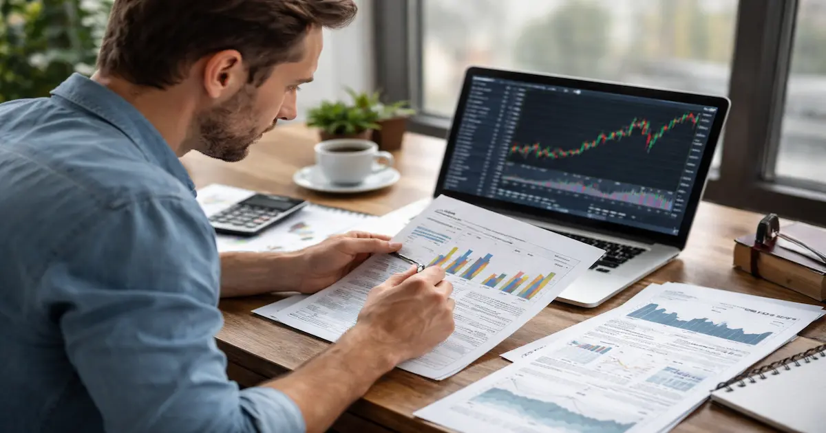 Pessoa analisando ações de empresas sólidas antes de investir