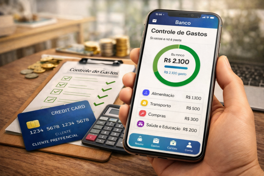 Tela de aplicativo bancário com controle financeiro