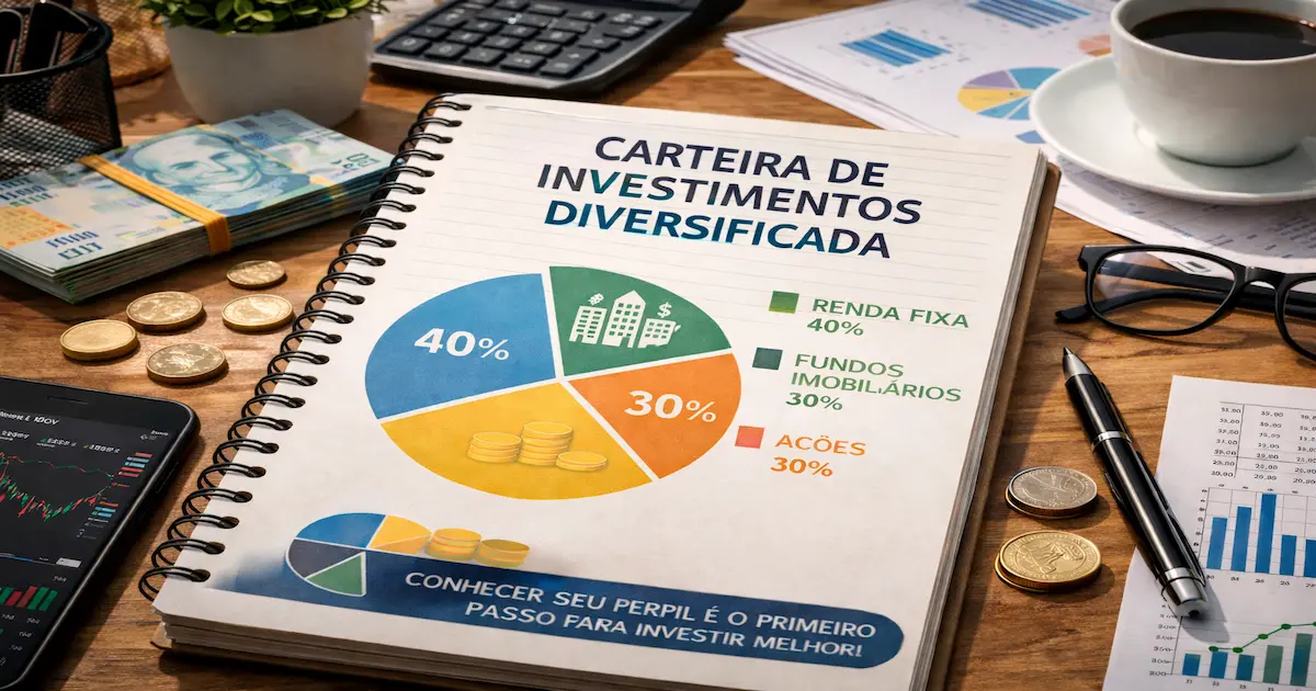 Carteira de investimentos diversificada com renda fixa fundos imobiliários e ações
