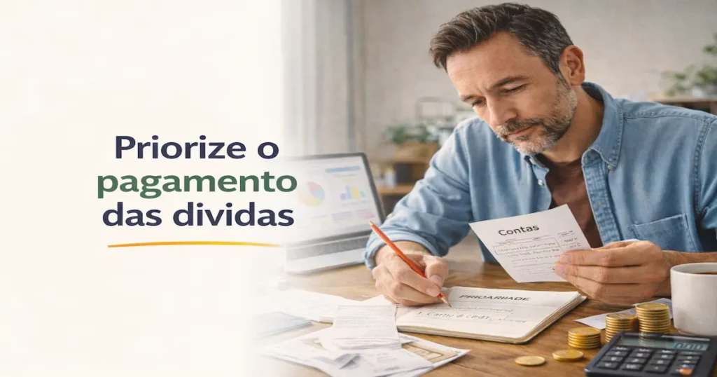 Pessoa analisando contas e priorizando pagamento de dívidas