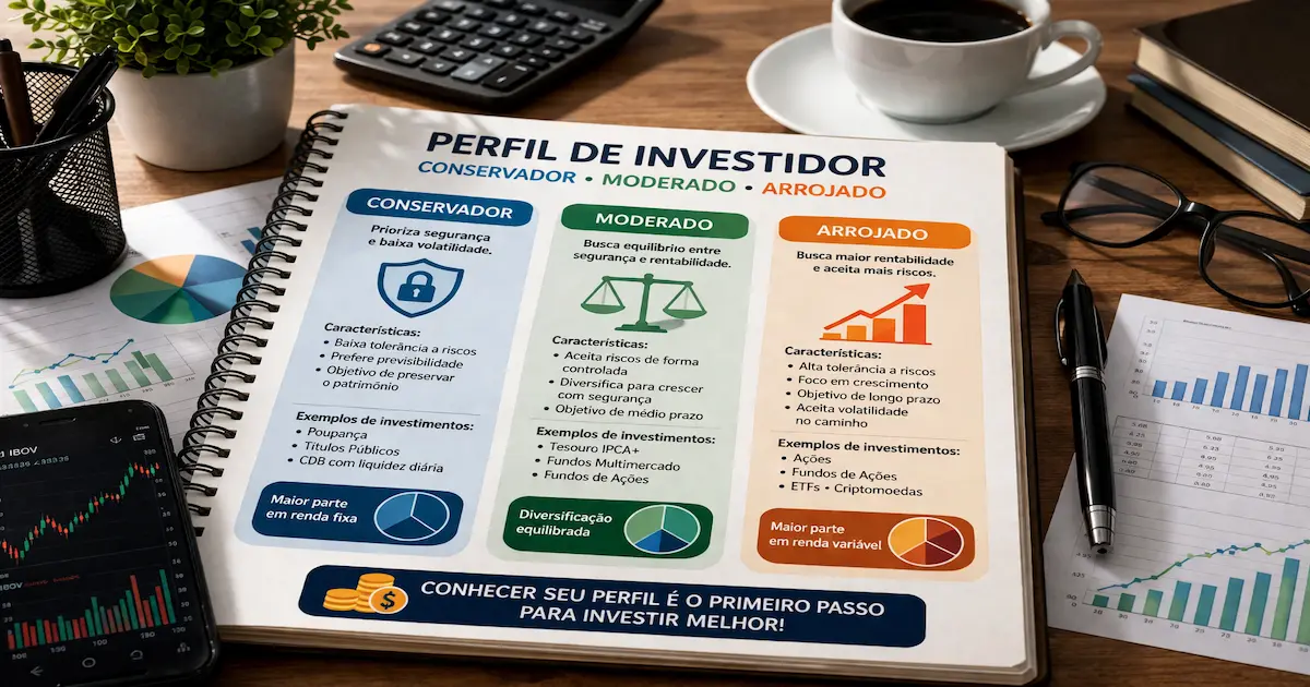 Perfis de investidor conservador moderado e arrojado representados em gráfico de risco