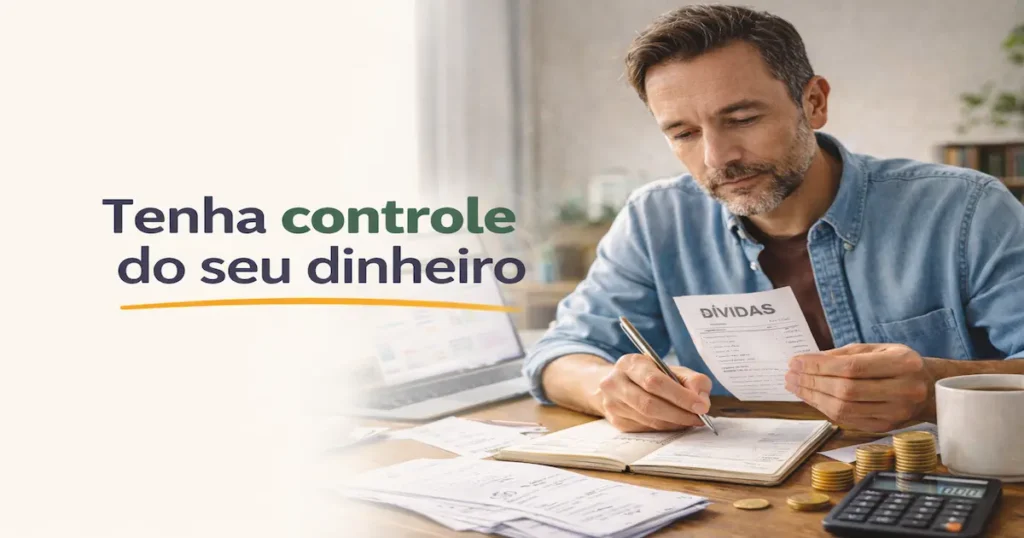 Homem organizando suas dívidas e planejando sua vida financeira em uma mesa com contas, calculadora e anotações