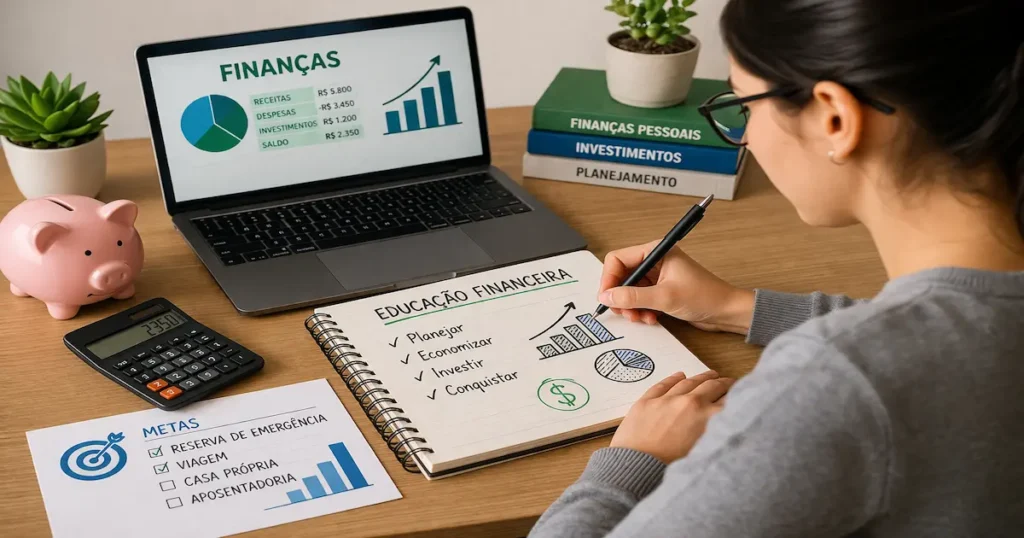 Pessoa aprendendo educação financeira e organizando dinheiro