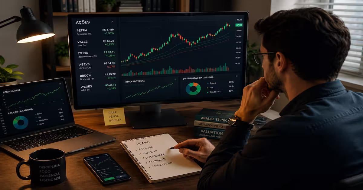 Como Saber se uma Ação Está Cara ou Barata? 3 investidor analisando gráficos e dividendos para descobrir ações baratas