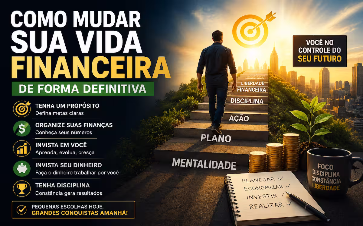 Pessoa subindo escadas rumo ao sucesso financeiro representando planejamento, disciplina e liberdade financeira