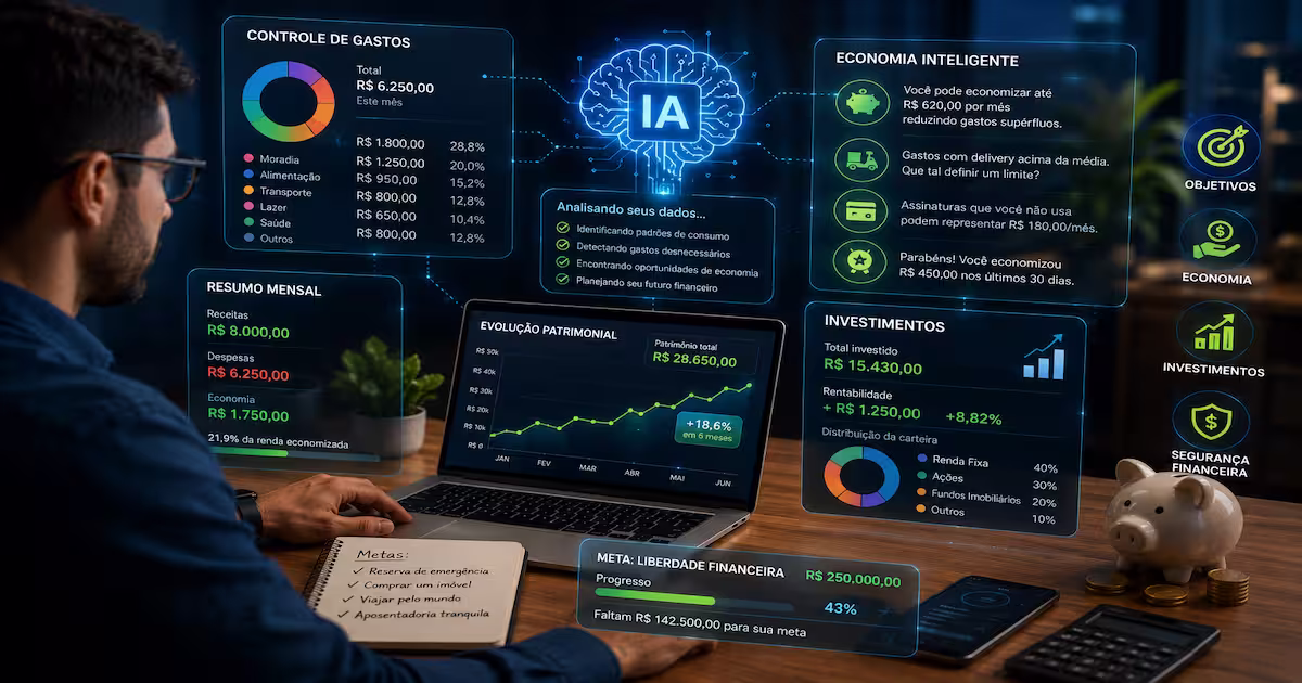 Inteligência artificial auxiliando no controle de gastos, economia e investimentos