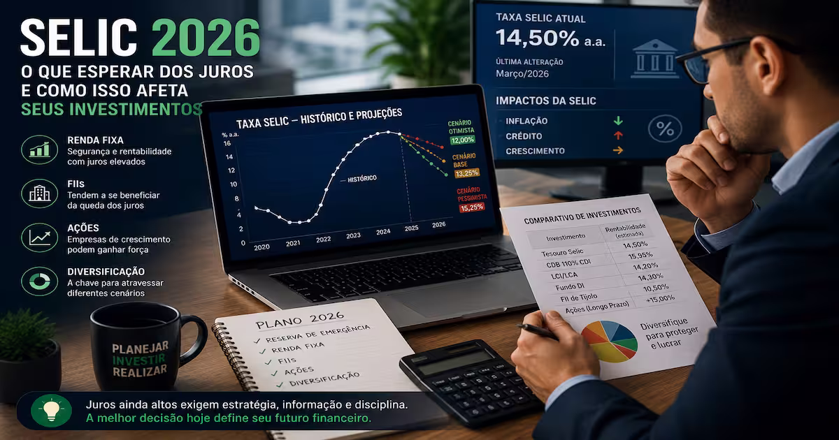 Investidor analisando aplicações financeiras diante das mudanças na taxa Selic em 2026.
