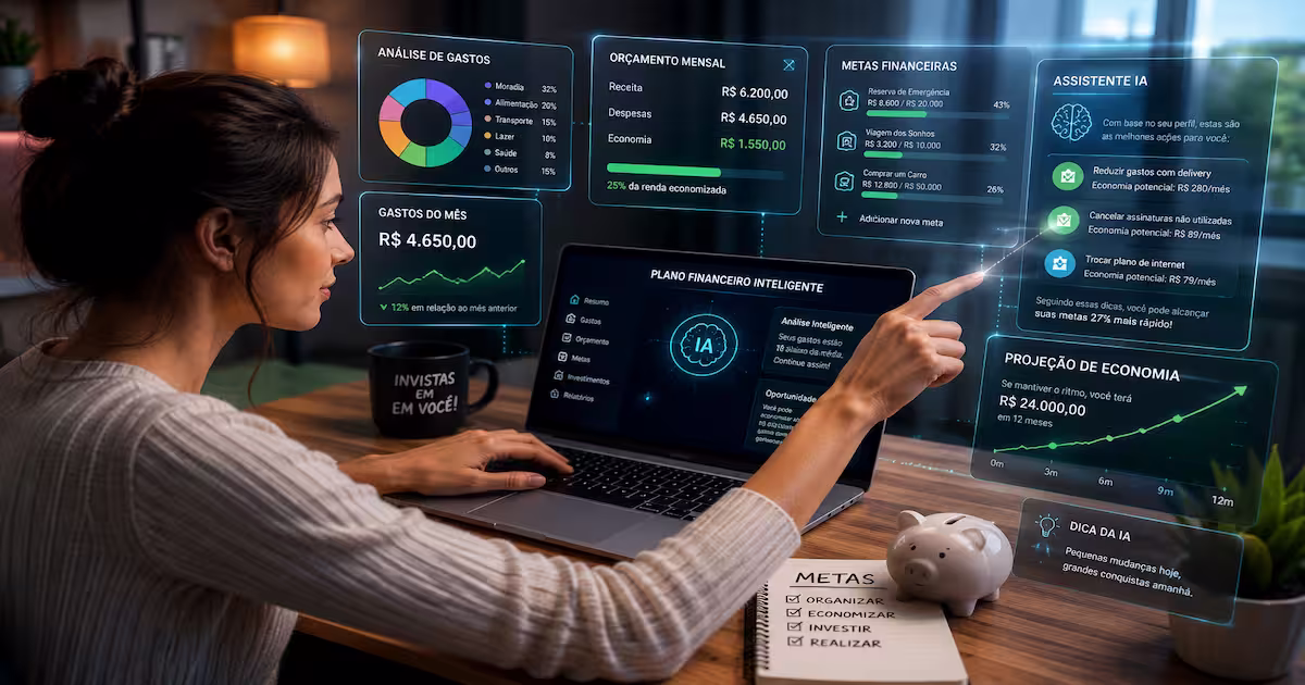 Pessoa utilizando inteligência artificial para planejar metas financeiras e economizar dinheiro