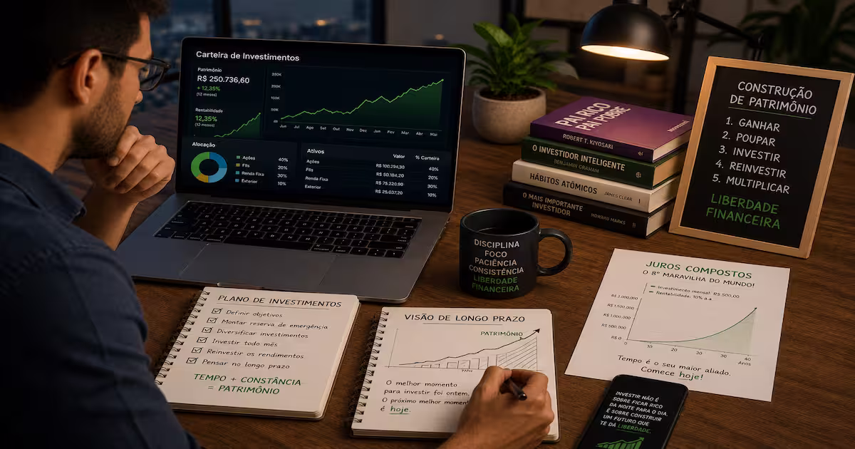 Como Mudar Sua Vida Financeira de Forma Definitiva em 2026 3 Investidor analisando gráficos financeiros e construindo patrimônio através de investimentos de longo prazo.