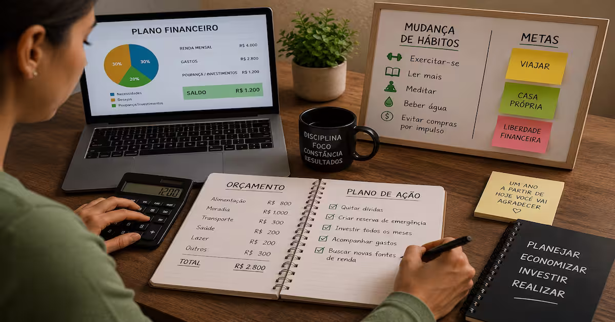 Como Mudar Sua Vida Financeira de Forma Definitiva em 2026 1 Pessoa organizando orçamento financeiro e planejando mudanças de hábitos para melhorar a vida financeira.