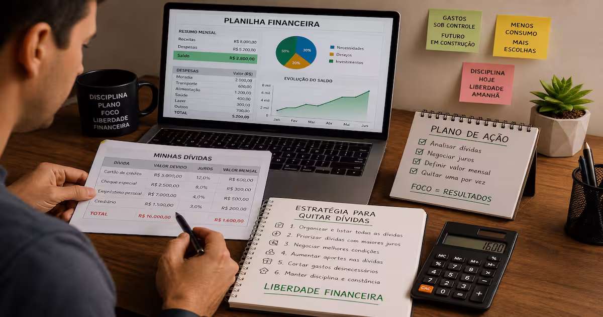 Como Mudar Sua Vida Financeira de Forma Definitiva em 2026 2 Pessoa analisando planilha financeira e criando estratégia para quitar dívidas de forma inteligente.