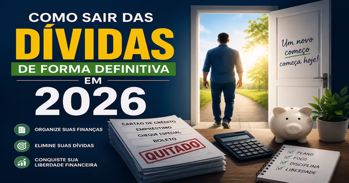 Pessoa comemorando a quitação de dívidas em 2026, com documentos financeiros marcados como quitados, cofre em formato de porquinho, calculadora e símbolo de liberdade financeira.
