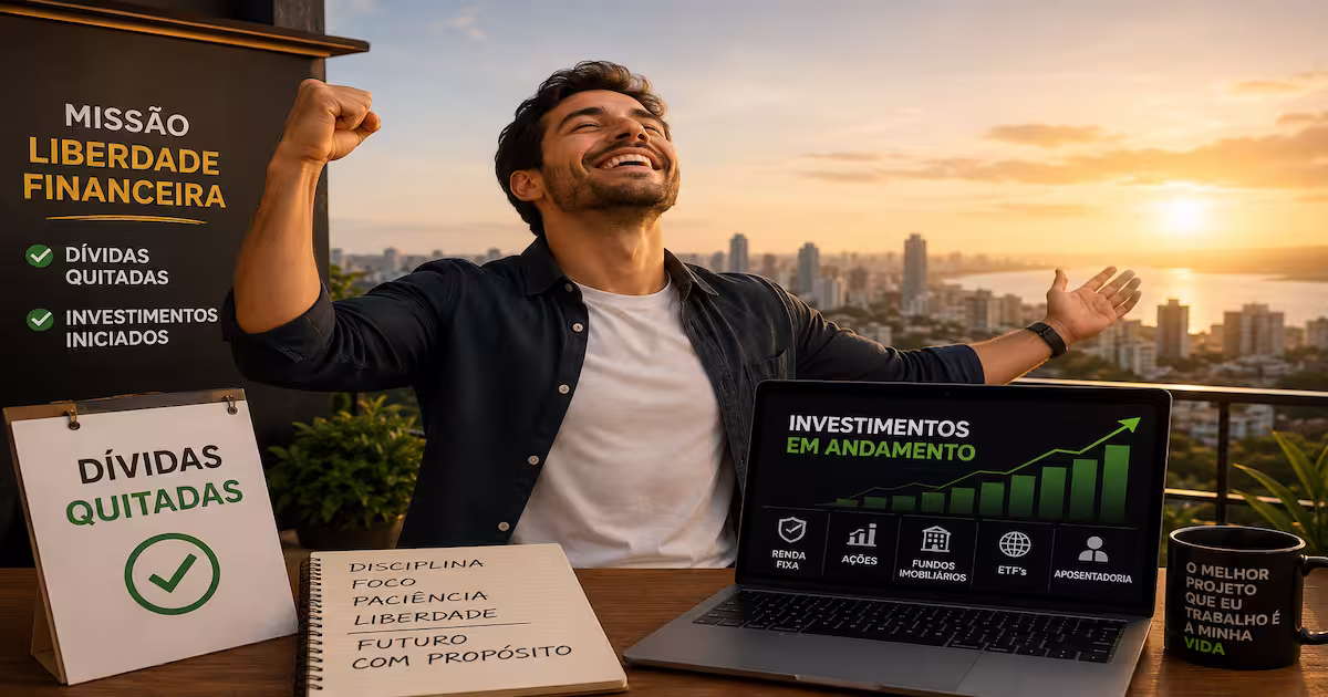 Pessoa comemorando a liberdade financeira após quitar todas as dívidas e iniciar seus investimentos
