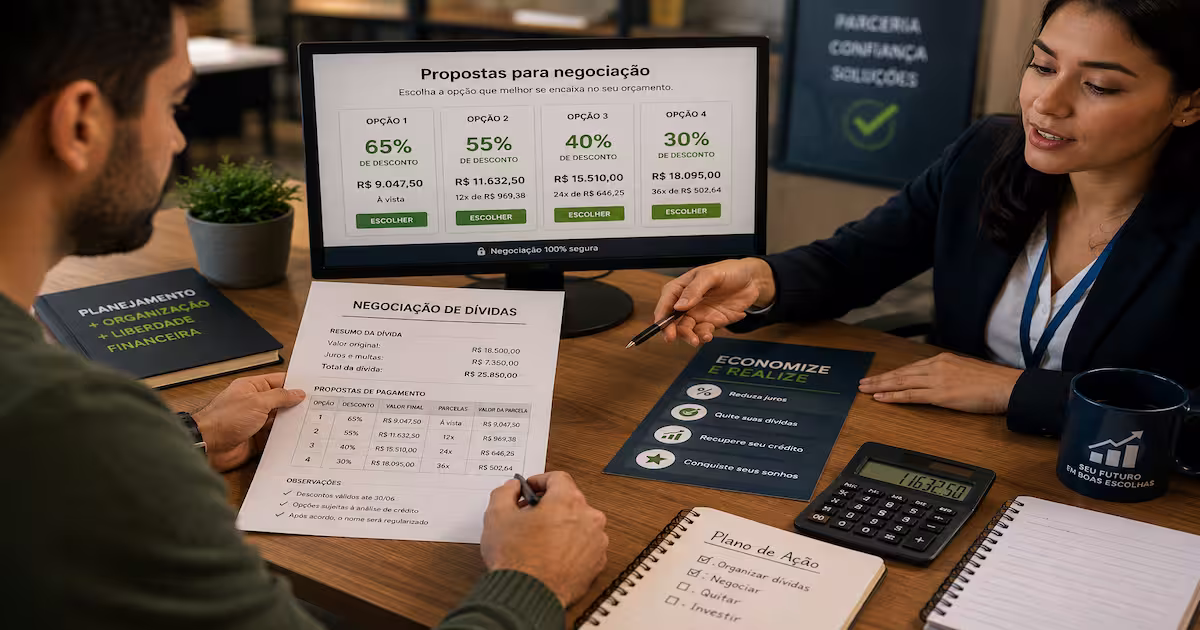 Pessoa negociando dívidas com uma instituição financeira e analisando propostas de pagamento
